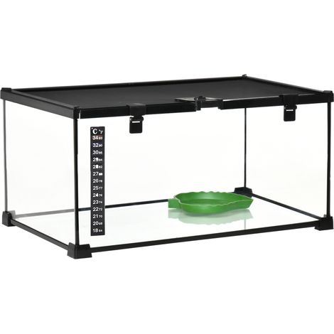 Terrario de cristal para reptiles 50x30x25 cm con tapa de malla, termómetro y cuenco (1/4)
