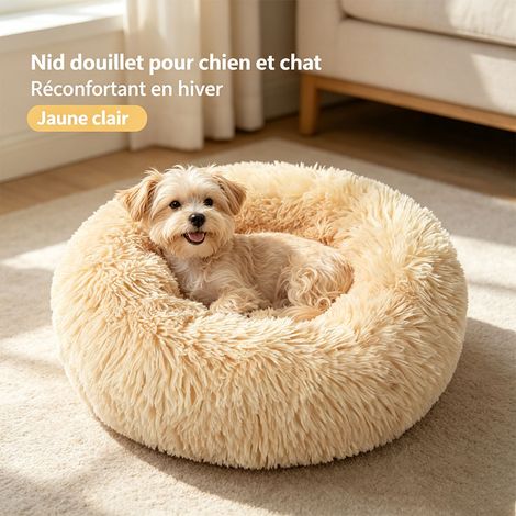 Nid d'hiver rond en peluche épaisse pour chien et chat, diamètre 50 cm, panier confortable et lavable - Jaune clair (1/5)