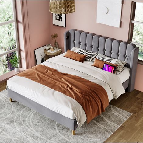 FLORAGRACE Lit adulte rembourré 180x200 cm gris en tissu lin, tête de lit haute avec USB et Type-C (1/5)