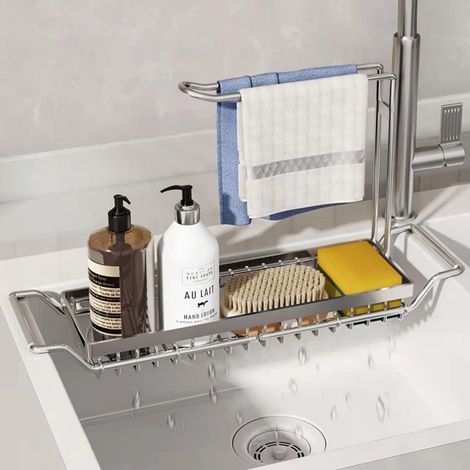 Organisateur Evier Cuisine,Rangement Evier Cuisine Support pour Eponge,Chiffon,Brosse,Liquide Vaisselle,Organisateur Drainage de télescopique en Acier Inoxydable argent-Argent (1/5)