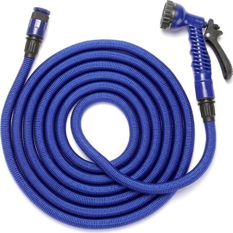 Tuyau d'arrosage Extensible de 15 m, léger, pistolet d'arrosage à 7 positions, connecteur universel, support de robinet. Bleu (1/5)