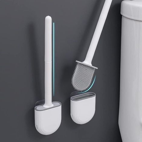 Toilettenbürste – Flexibler Silikonkopf – Langer, rutschfester Griff – Selbstklebende Wandhalterung – 360°-Reinigungswinkel – 1 Stück (1/5)