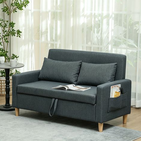 Sofá de 2 Plazas Tapizado en Lino Sintético con Espacio de Almacenaje 2 Almohadas y Patas de Madera 135x71x84 cm Gris (1/5)