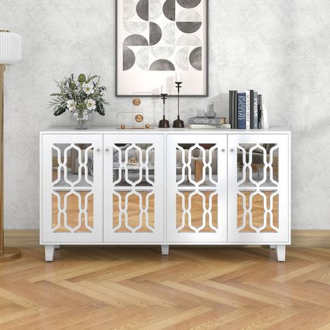 Buffet miroir blanc 160 x 40 x 84 cm, 4 portes avec étagères réglables, design élégant pour salon et salle à manger (1/5)