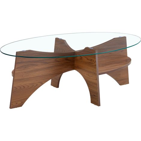 Tavolino da caffè ovale in vetro temperato 104,9 x 60 cm, finitura noce (1/5)