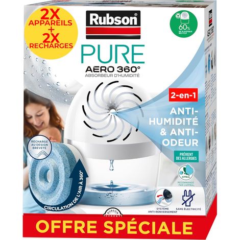 AERO 360° Pure Absorbeur d'humidité, lot de 2 assainisseurs d’air recommandés par L'AFPRAL, déshumidificateurs d’air pour pièces de 20 m², inclus 2 recharges neutres de 450 g (1/5)