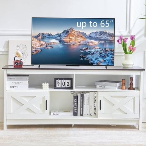 Meuble TV - JHK - Armoire de rangement - 3 étagères ouvertes - Prise de courant intégrée - Blanc