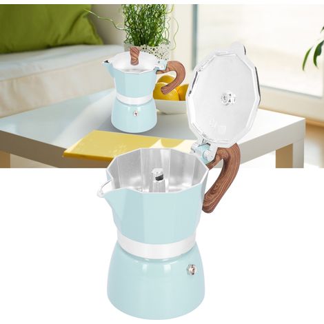 Exquisit gefertigte Moka-Kaffeekanne, dicke achteckige Kaffeemaschine von höchster Qualität, italienische Kaffeemaschine, Filterkaffeemaschine, exquisit gefertigtes Modell in Seeblau. (1/5)