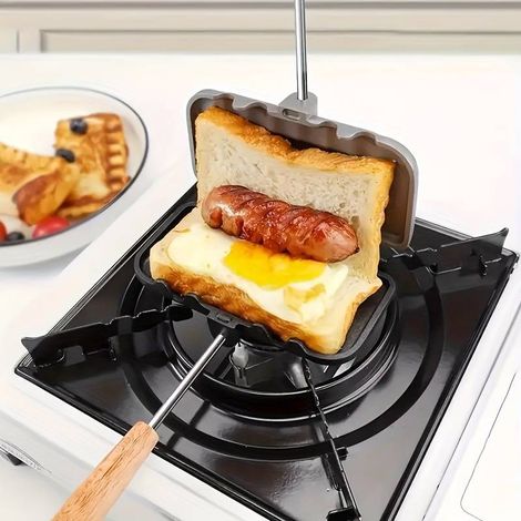 Une poêle à sandwich, poêle à frire double face en alliage d'aluminium, antiadhésive, adaptée à la cuisson du fromage, des crêpes, des omelettes, des pains à hot-dog, etc. (1/4)