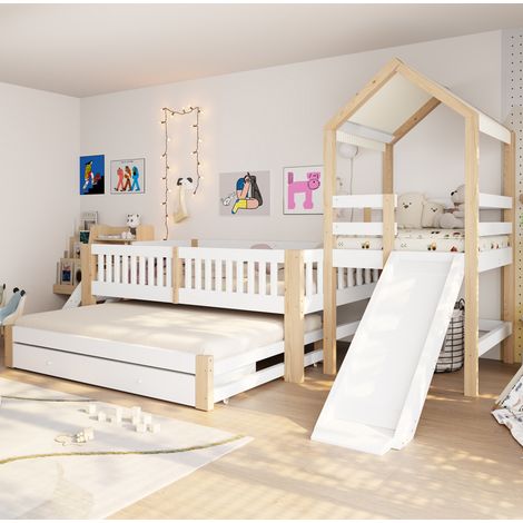 Cama infantil cabaña 90x200 con cama nido 90x190, tobogán y cajones blanco/madera DESVIAE (1/5)