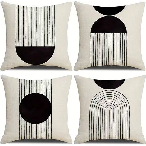 Boho-Kissenbezug, 45 x 45 cm, 4er-Set, schwarz-weiß, abstrakt, geometrisch, Regenbogen, Sonne, dekorativer Kissenbezug, moderner minimalistischer Leinen-Kissenbezug für Sofa, Heimdekoration
