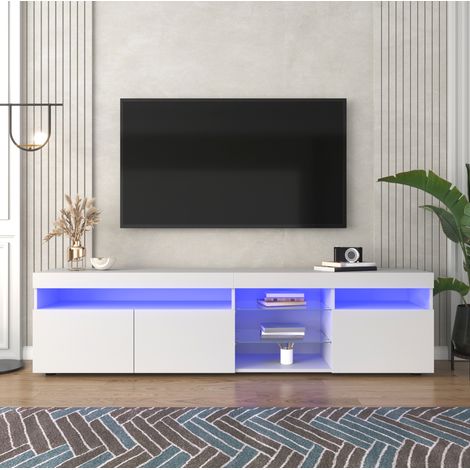 Meuble TV avec lumières LED – 3 portes de rangement – 2 étagères en verre– Dimensions 180x35x45 cm – blanc (1/5)