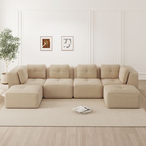 Sofá esquinero modular 386x104x69 cm de pana beige con otomana para salón – MEUBLIV (1/5)