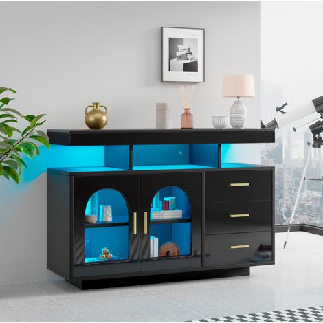 Buffet LED 120x40x80 cm en panneaux de bois noir, avec rangement pour salon FloraGrace (1/5)