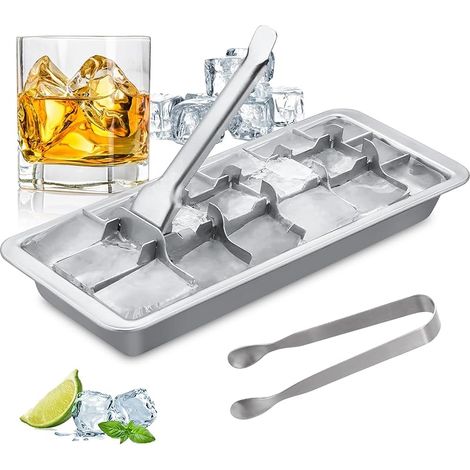 Bac à glaçons en acier inoxydable avec insert de levier et pince à glace - Volume de remplissage pour 18 glaçons - Sans plastique - Moule à glaçons rétro (1/5)