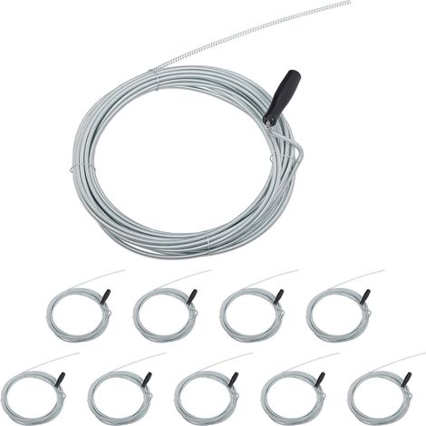 10 Desatascadores Tuberías y Desagües 10 m, Cables, Muelle, Ducha, WC, Alambre, Hierro y Plástico, Ø 5 mm, Plateado