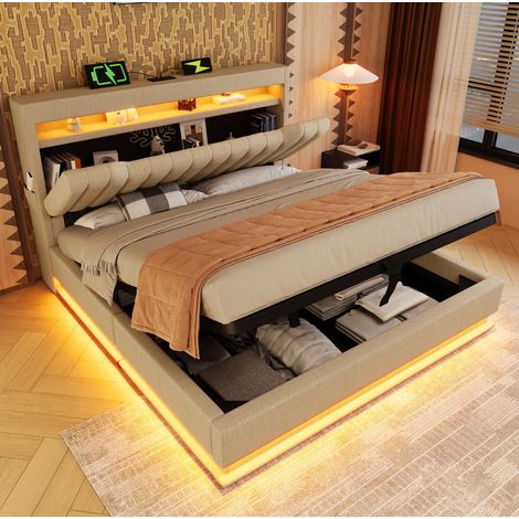 Cama tapizada 160x200 cm beige de lino, con LED, cabecero con USB y USB-C, arcón hidráulico (1/5)