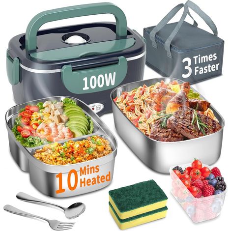 Boîte à déjeuner électrique 100 W, 3 en 1, portable, boîte à lunch chauffante en acier inoxydable amovible, 12 V/24 V/220 V, pour voiture/camion/bureau (Bleu, 1.5 L)