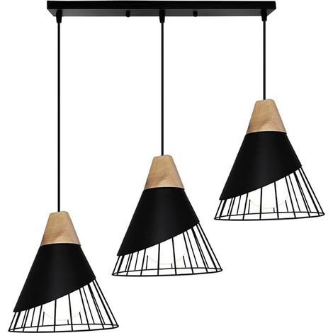 Suspension Luminaire 3 lumières en Barre Noir Plafonnier Lustre en Bois Fer Eclairage Décoration pour Couloir Restaurant Ba (1/5)