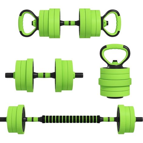 Set de mancuernas 4 en 1 20 kg ajustable con barra, kettlebell y soportes para flexiones verde (1/4)