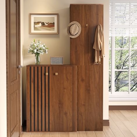 Meuble d’Entrée Multifonction 115×38,5×191,5 cm Effet Noyer – Armoire à Chaussures & Garde-Robe Verticale avec Portemanteaux (1/5)