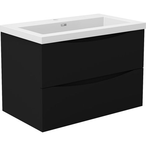 Meuble de Salle de Bain Suspendu Noir Mat 80cm avec 2 Tiroirs Silencieux, Vasque Résine, Résistant à l'Humidité, Design Moderne (1/5)