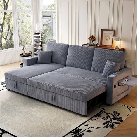 Sofa mit Schlaffunktion aus Cord in Grau, modulares Ecksofa mit Stauraum, USB/Type-C, Becherhaltern und Seitentaschen (1/5)