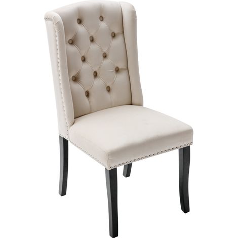 Chaise de salle à manger en velours beige avec pieds en chêne - lot de 6 (1/5)