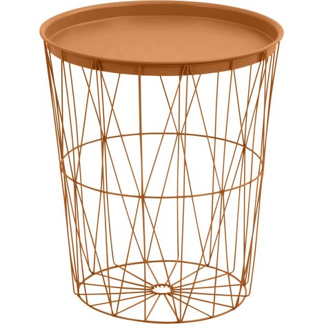 Greemotion Tavolino da salotto rotondo in acciaio con piano vassoio, tavolino d’appoggio con cestino portaoggetti, altezza ca. 46 cm, color rame (1/5)