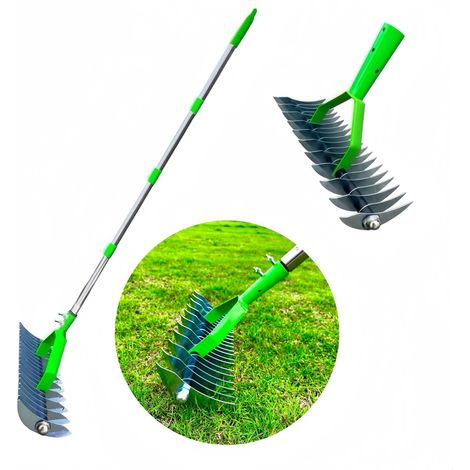 Schilfrechen, 140 cm langer Rasenrechen zum Entfernen von abgestorbenem Gras, 33 cm breit, robuste Stahlrechen mit 21 Zinken, Landschaftsrechen (1/5)