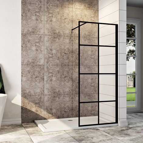 ELEGANT 700mm Shower Screen Matte Black Walkin Shower Enclosure Cubicle, Black Grid Painted, 8mm Tempered Toughened Glass with 900x1200mm SMC Tray and Waste Trap (1/5)