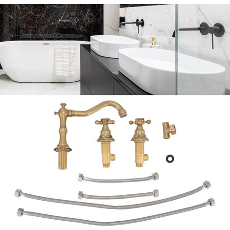 Armatur im europäischen Stil, komplett aus Kupfer, mit zwei Griffen und drei Löchern, für Waschbecken und Waschtische im Badezimmer, spritzgeschützt, antike Farbe. (1/5)