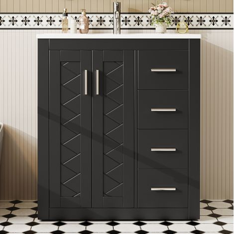 Mueble de baño con lavabo moderno negro en MDF lacado, lavabo cerámico integrado, 2 puertas y 3 cajones, 76 x 46,5 x 85,5 cm (1/5)