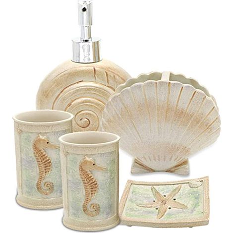 Lot de 5 Coquillages de Plage Comprenant Un Distributeur de Savon, Un Porte-Savon, Un gobelet, Un Porte-Brosse à Dents – Ensemble de polyrésine Ivoire pour Homme, Femme, (1/5)