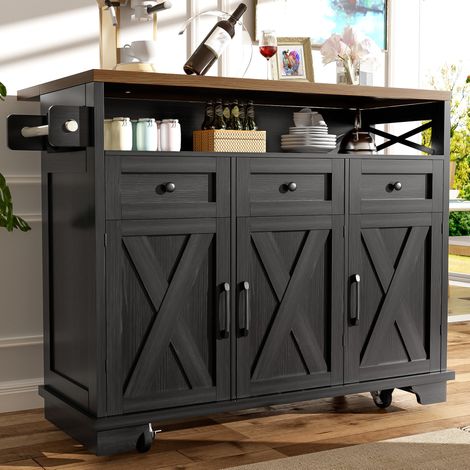 Isola cucina 118 x 43 x 98 cm nera con rotelle, contenimento e piano ribaltabile (1/5)