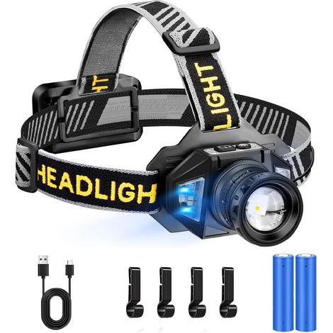 Linterna frontal LED recargable, ajustable, 5200 mAh, roja, superbrillante, 50000 lúmenes, 6 modos LED, sensor y luz roja. (1/5)