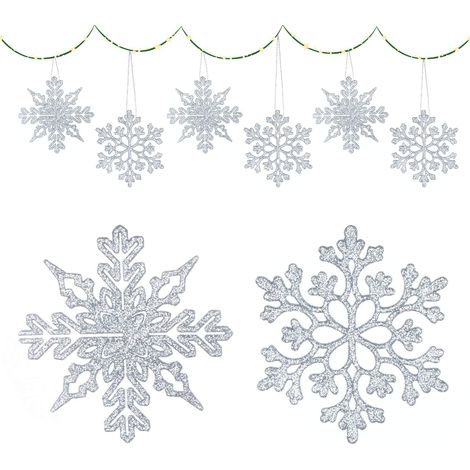 Flocon de Neige Decoration de Noël, 36 Décorations à Suspendre avec Flocon de Neige de 10cm et 36 Cordon, Ornements de Flocon de Neige pour Fenêtre Arbre de Noël Décoration D'hiver (Argent)