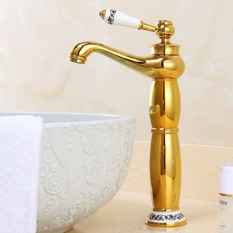 Robinet Mitigeur Lavabo en Laiton Style Européen Rétro pour Vasque à Poser, Salle de Bain, Modèle Céramique Dorée avec Flexible-lsw