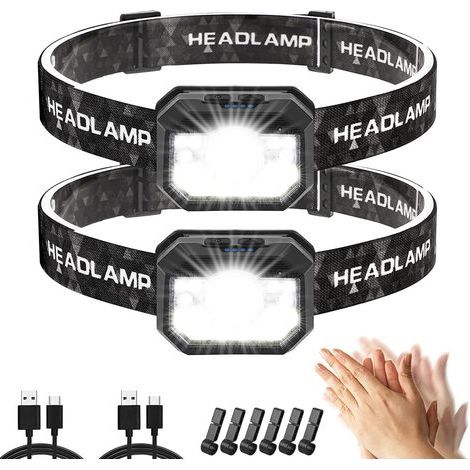 Rechargeable Headlamp, 2000 Lumens Super Bright LED Head Torch, 11 Light Modes Motion Sensor Torch, Headlamp with Red Light for Fishing, Cycling - 2 Pcs (1/5)