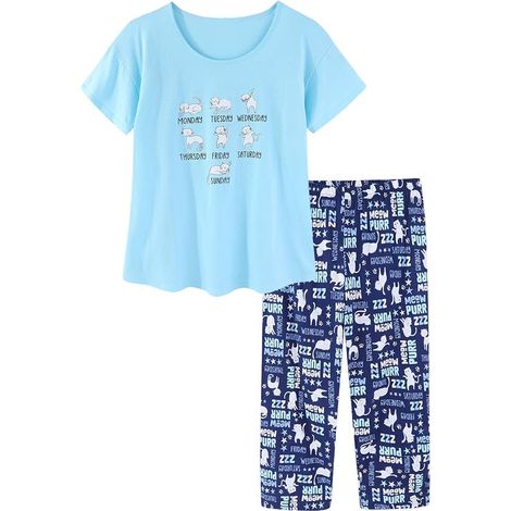 Ensembles de pyjamas bleus pour femmes - Pyjamas pour femmes, ensembles de vêtements de nuit grandes tailles avec hauts et pantalons, ensembles de pyjamas d'été (1/5)
