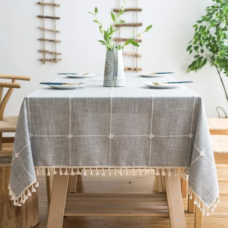 Nappe de table rustique à carreaux 140x200 cm, lin coton gris, (1/5)