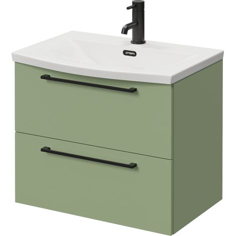 Napoli 390 Olive Green 600mm Wall Mounted 2 Drawer Vanity Unit with Arc Basin - 600mm - Matt Black 320mm Handle