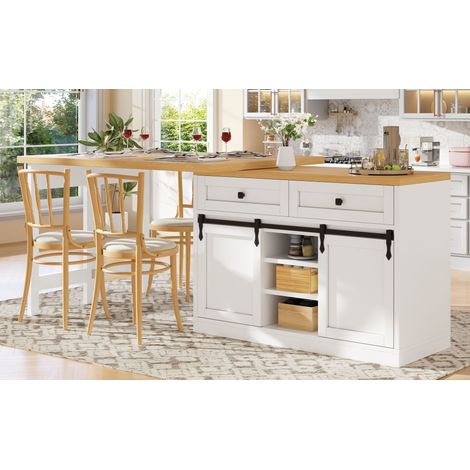 Îlot de cuisine pivotant 360° avec portes coulissantes style grange, 120–197cm, 2 tiroirs et étagères réglables, blanc (1/5)