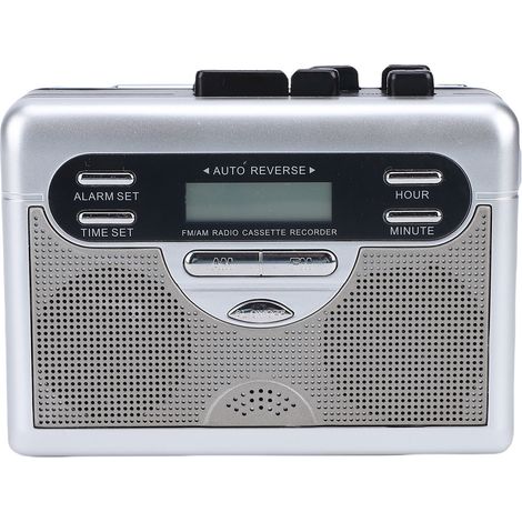 Lecteur de cassettes radio AM/FM rétro avec enregistreur et horloge numérique, minuteur, microphone et haut-parleur intégrés, fonctionne sur piles ou sur secteur. (1/5)