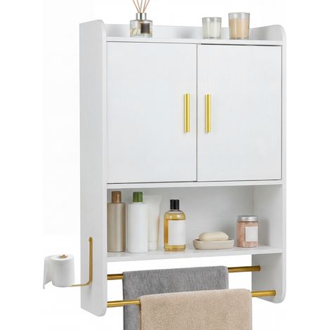 Armoire Murale Salle de Bain avec 2 Portes, Étagères Réglable et Amovible, Compartiment Ouvert, 2 Porte-Serviettes, 55 x 20 x 80 cm, Blanc (1/5)