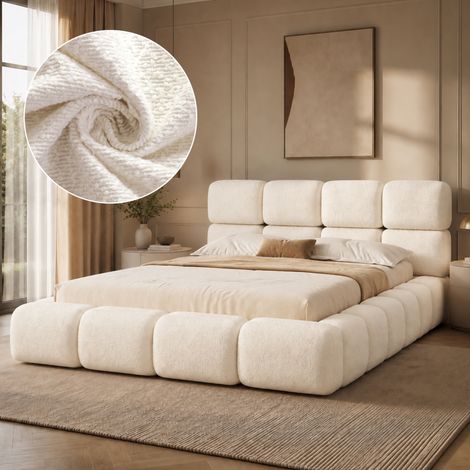 Letto imbottito 160x200 cm bianco in bouclé con rete a doghe, design a nuvola e testiera morbida (1/5)