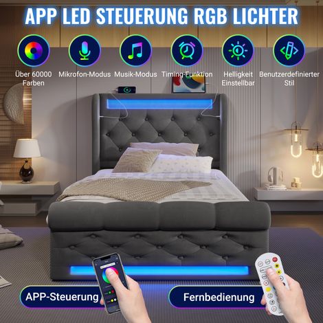 Lit capitonné moderne une place 90x200 cm, lit capitonné avec éclairage LED, tête de lit de rangement avec ports USB et Type-C, lit de rangement hydraulique, gris, velours (sans matelas)