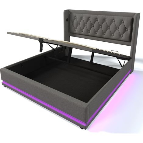 Doppelbett 180x200 cm Grau Baumwolle mit Stauraum, LED und USB Typ-C (1/5)