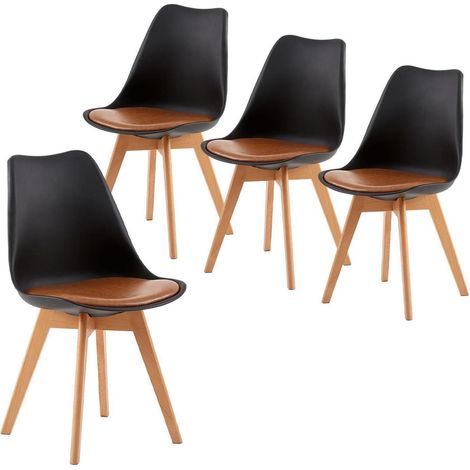 4er Set Esszimmerstühle Skandinavisch mit Holzbeinen und braunem Lederkissen (1/5)