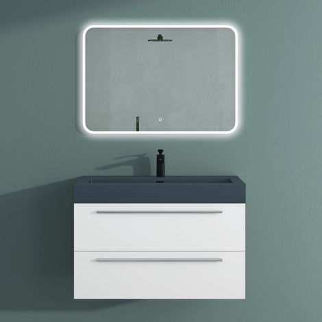 Mai & Mai Mobile Bagno Sospeso90cm, Mobiletto per Bagno con Lavabo in Antracite Opaco e Specchio LED, Bianco Opaco, Seria Quadratto (1/5)